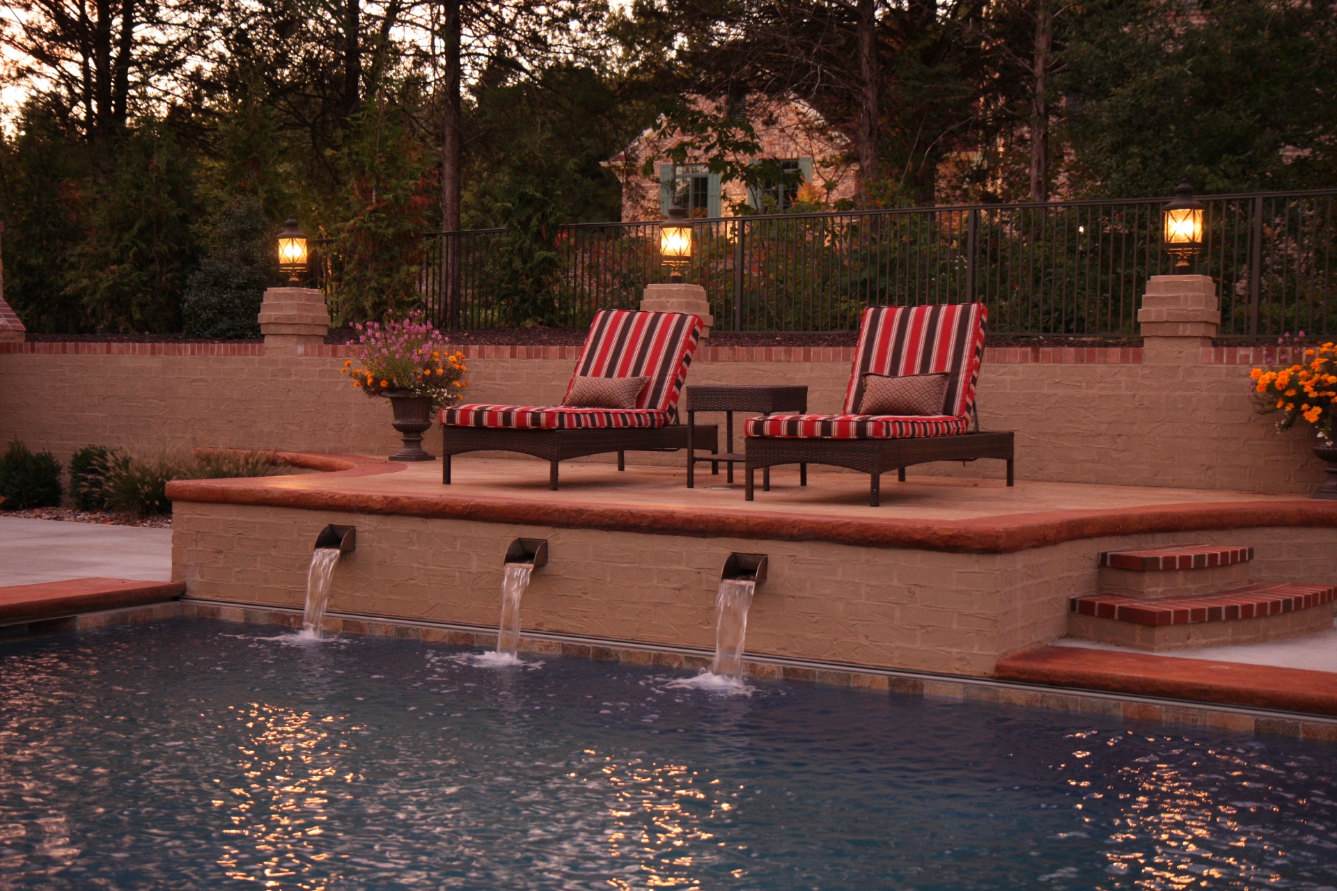 Blunt Traditional Pool Waterfountain Feature Dusk